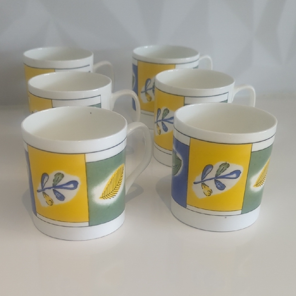 6 Sezia Fine Bone China Colorful Leaf Patterned Tea Cup Set - Good Condition